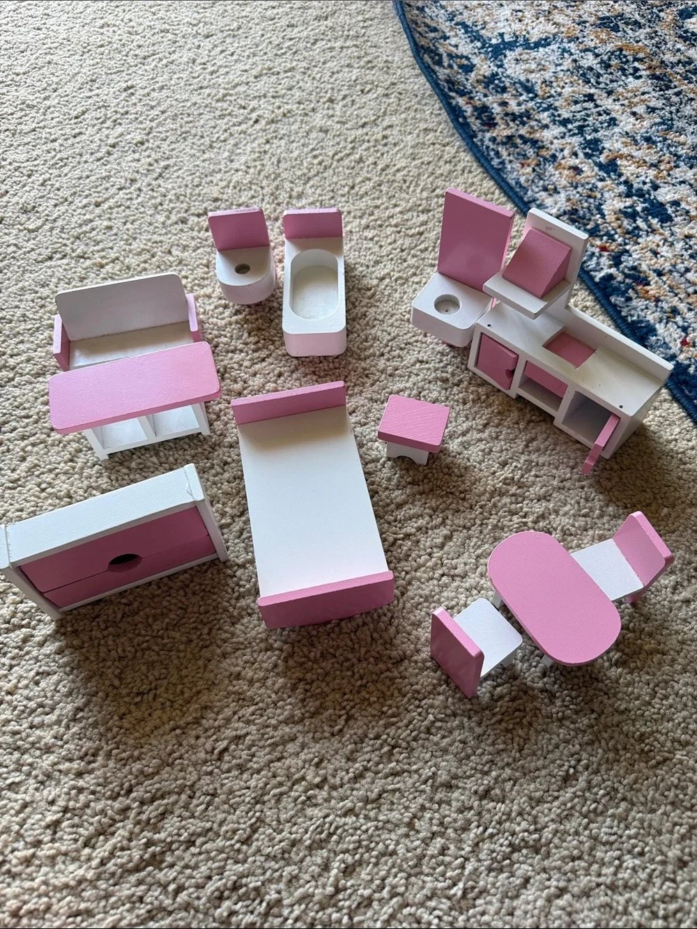 Pink and White Wooden Dollhouse Furniture Set - Missing Lamp